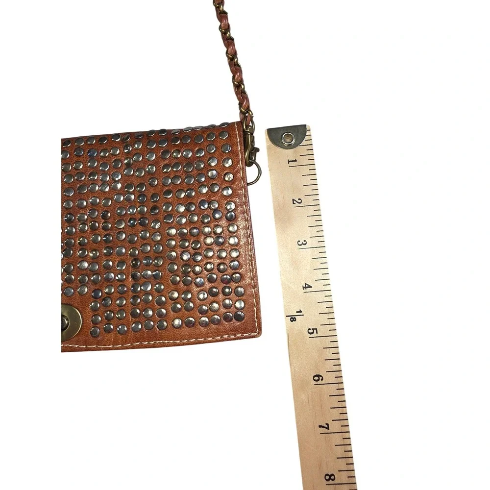 Cognac Brown Studded Leather Crossbody Bag Turn Lock Small Clutch Boho Western